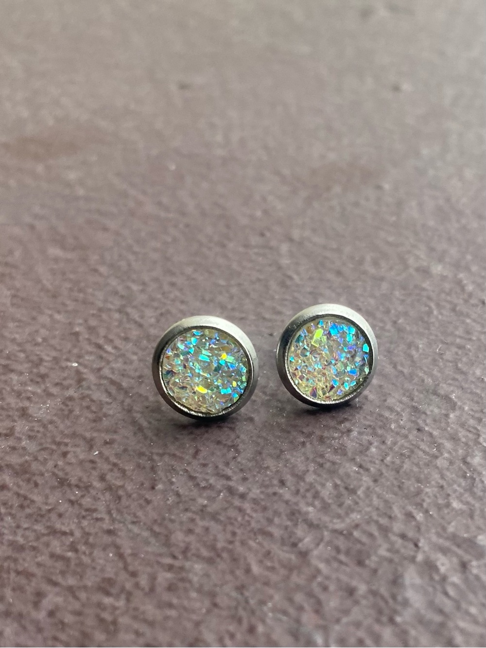 Silver-Tone Iridescent Druzy Round Stud Stainless Steel Pair / Set of Earrings